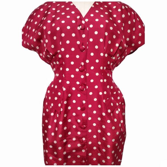 ANN TAYLOR Vintage Polka Dot Dress Size 6 Red Silk Fitted Tailored Retro 80s 90s - Picture 6 of 15